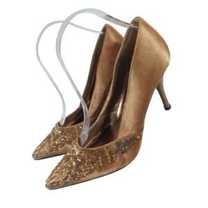 DELICIOUS! TAWNY GOLD SATIN, ELABORATELY BEADED & JEWELED STILETTO HEELS! SZ 8M